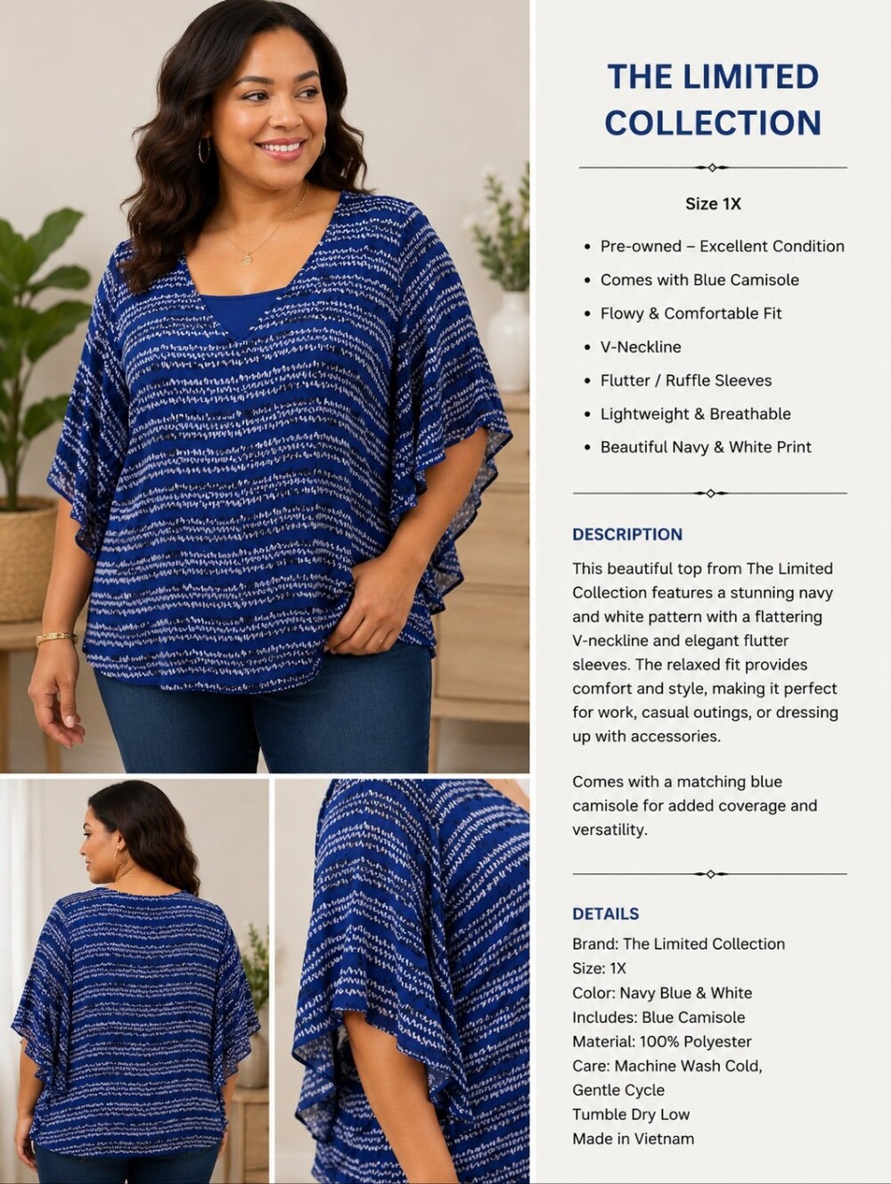The Limited Collection Blue Flutter Sleeve Blouse w/ Camisole 1X EUC